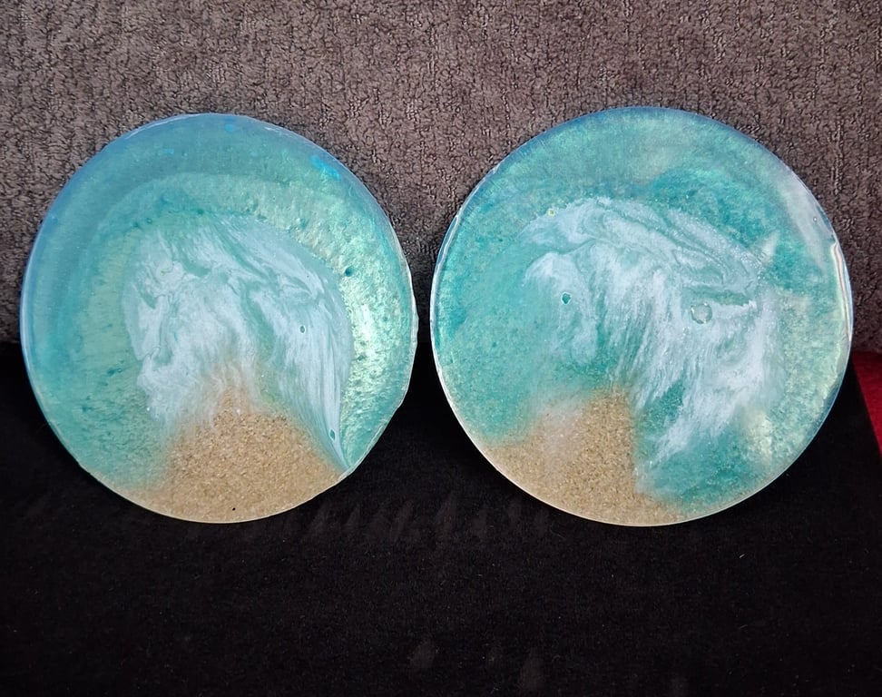 Set of two handmade epoxy resin 'beach' coasters. Blue, green, sand and white 