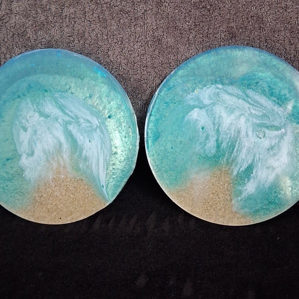 Set of two handmade epoxy resin 'beach' coasters. Blue, green, sand and white 