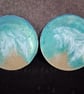 Set of two handmade epoxy resin 'beach' coasters. Blue, green, sand and white 