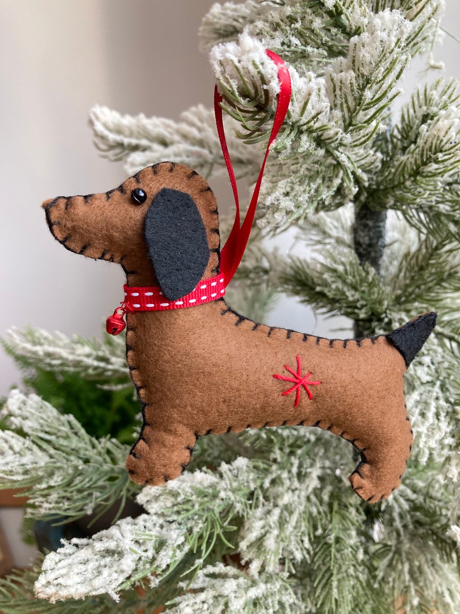 Brown Felt Sausage Dog Dachshund Hanging Decoration