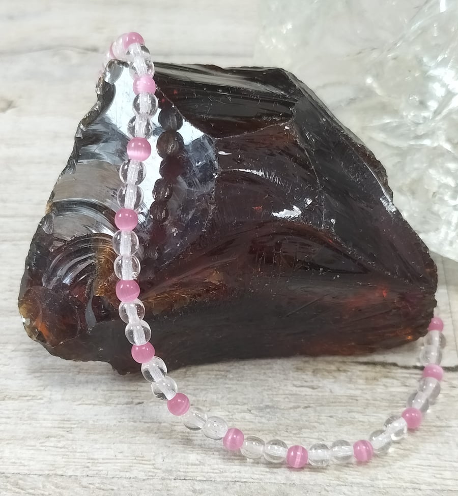Pale pink cats eye and quartz beaded anklet