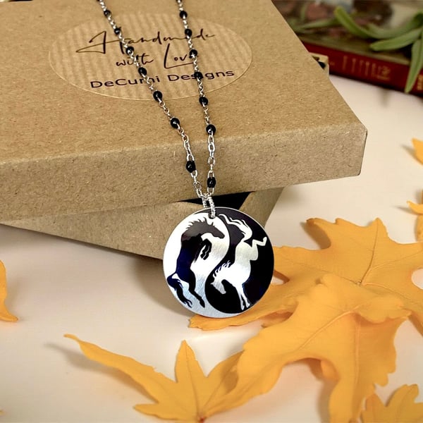 Horse necklace, black 25mm round pendant, Yin Yang jewellery. (704)