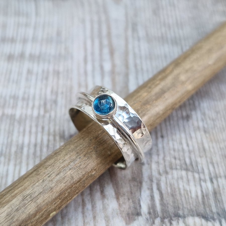 Sterling Silver Hammered Spinner Ring with London Blue Topaz Gemstone