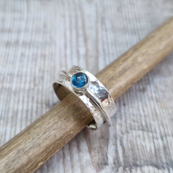 Sterling Silver Hammered Spinner Ring with London Blue Topaz Gemstone