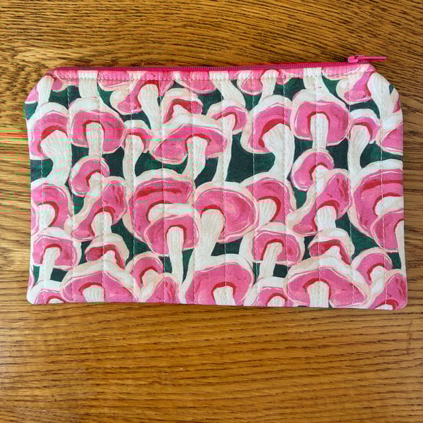 Pink And Cream Mushroom Print Quilted Fabric Organiser Pouch 