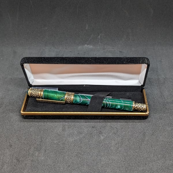 Hand Turned, Celtic Antique Bronze Pen with a Green, white & black Acrylic Body