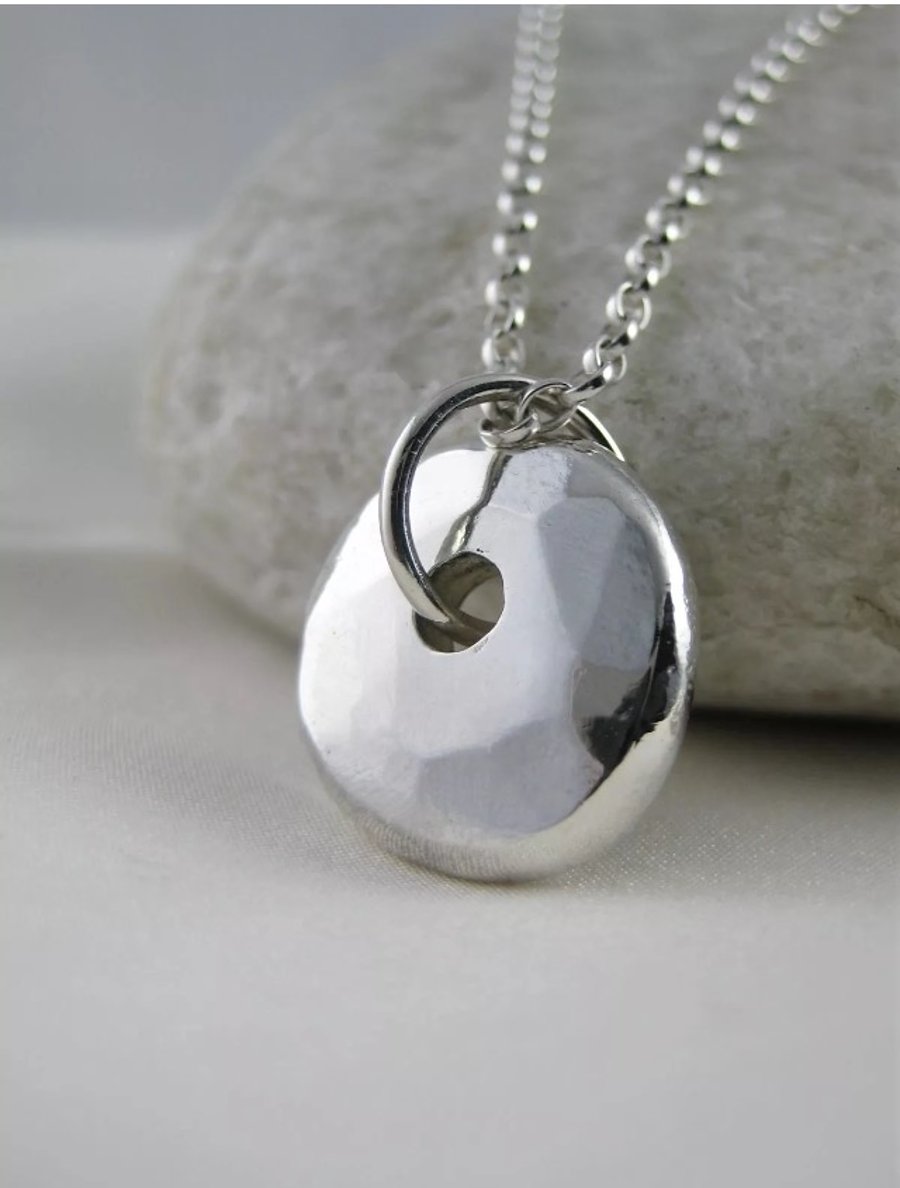 Hand Forged Hammered Chunky Sterling Silver Pebble Pendant Necklace 17" 
