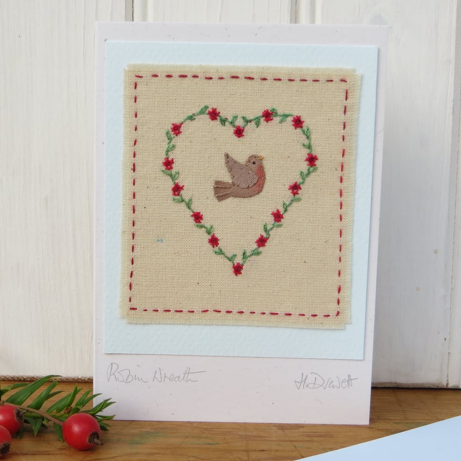 Hand embroidered heart wreath with little robin, perfect for Christmas