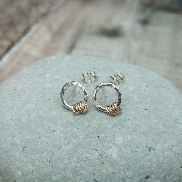 Sterling Silver and Gold Hammered Circle Stud Earrings
