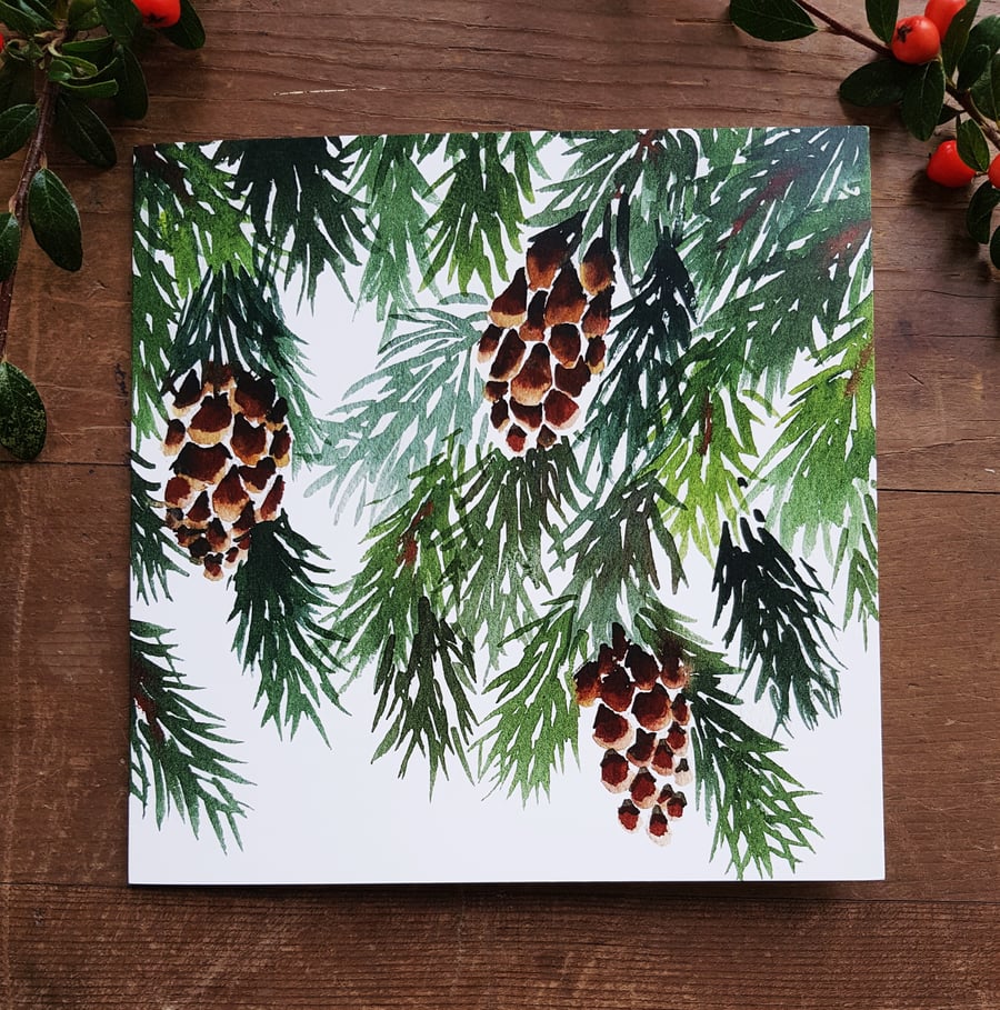 Pine cone Christmas card set, 5 card pack, watercolour, trees, snow, winter