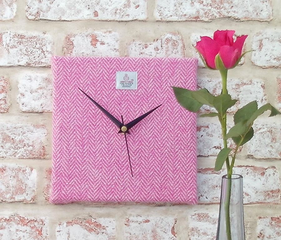 Harris Tweed clock pink and cream herringbone wool fabric square clock