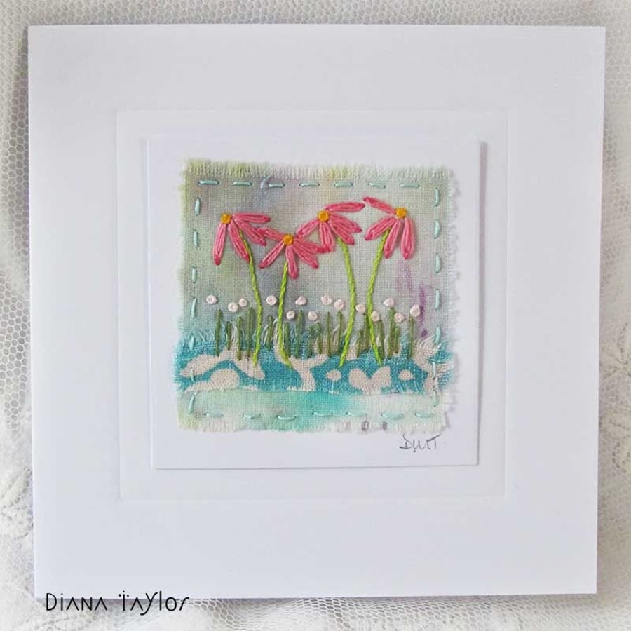 HAND EMBROIDERED HAND DYED GREETING CARD FLORAL SUMMER