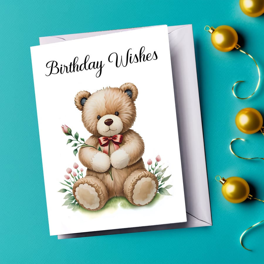 Birthday Wishes Teddy Bear Holding a Flower Birthday Card  Size 5" x 7"