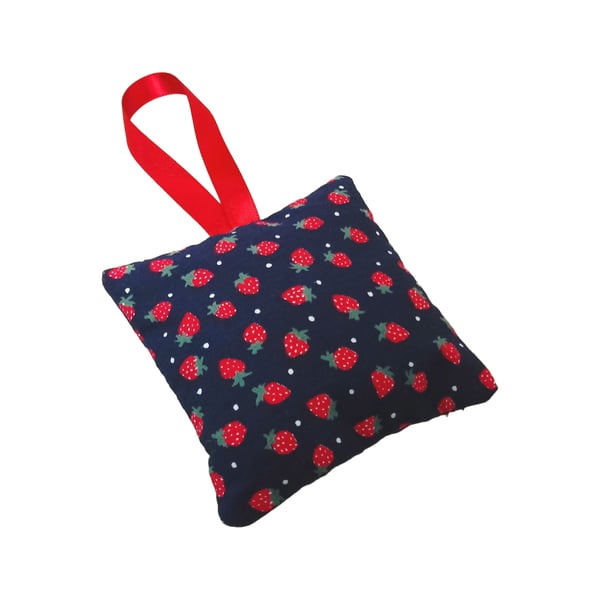 Lavender bag in navy with red strawberries, handmade