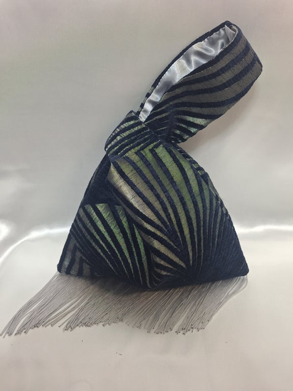 Navy Chenille Art Deco fabric Japanese Knot bag with 9cm silver grey tassel trim