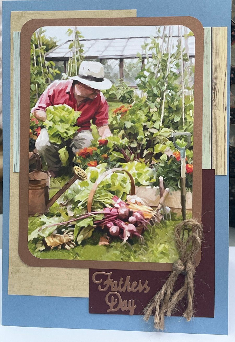 In the veg garden Father's Day card