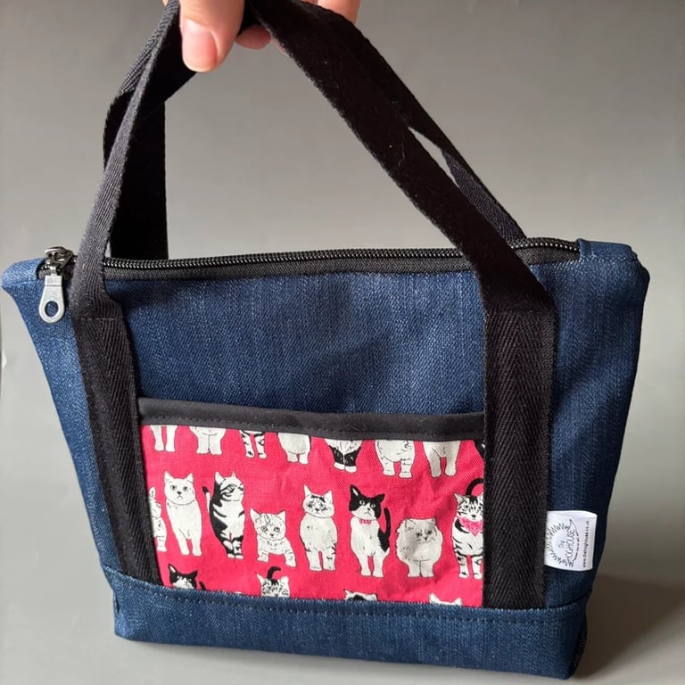 Denim cat bag. Toiletry or cosmetics make up bag. 