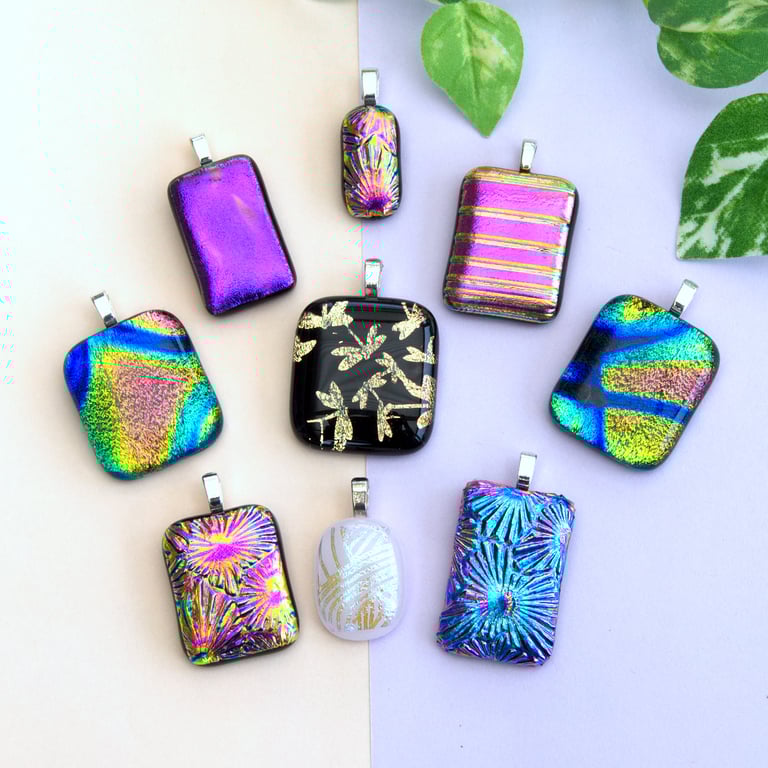 Bright Pink and Purple Glittery Dichroic Fused Glass Pendants Mother's Day Gift