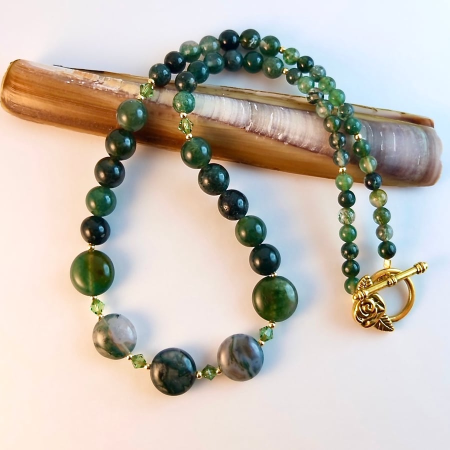 Moss Agate Necklace With Green Swarovski Crystals - Handmade In Devon