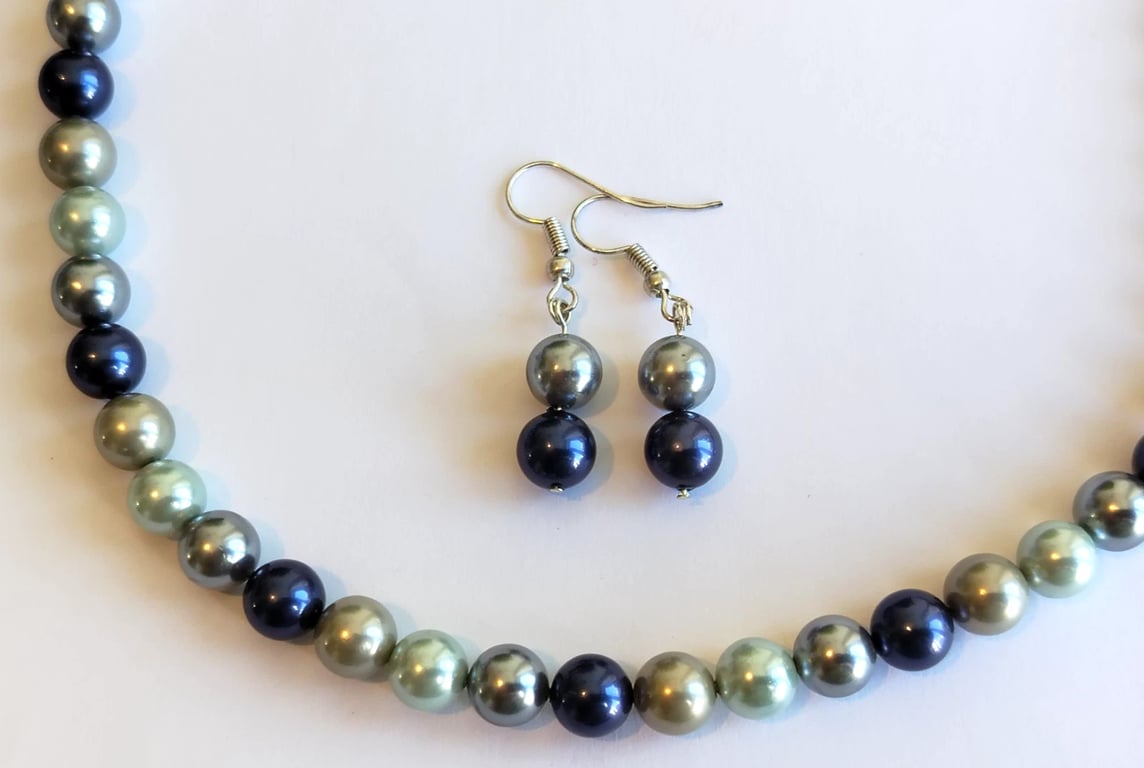Sea Shell Pearl Necklace Earrings Blue Silver Gift Set Oyster Shell Manmade