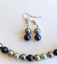 Sea Shell Pearl Necklace Earrings Blue Silver Gift Set Oyster Shell Manmade - Image 1