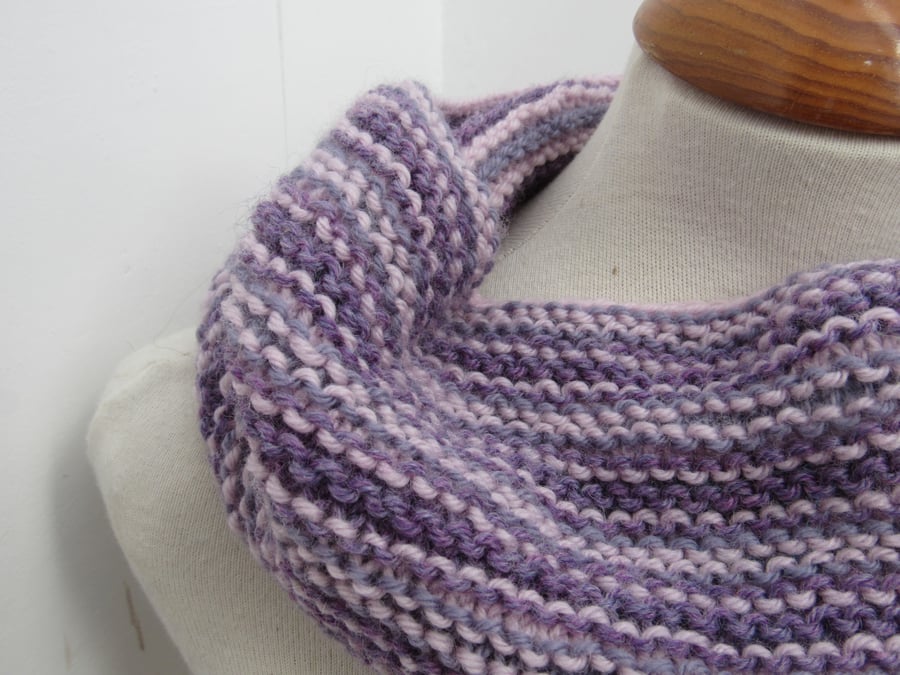 Shell Pink Purple Striped Knit Pure Wool Cowl Scarf