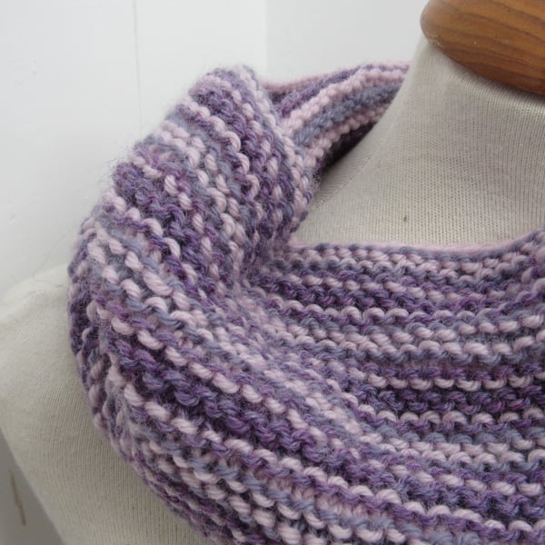Shell Pink Purple Striped Knit Pure Wool Cowl Scarf