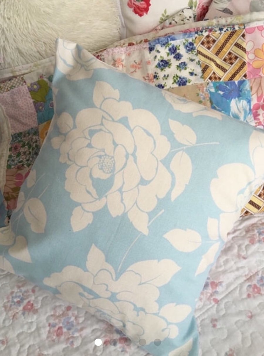 Cushion cover in Cath Kidston Blue  mono rose  cotton duck fabric