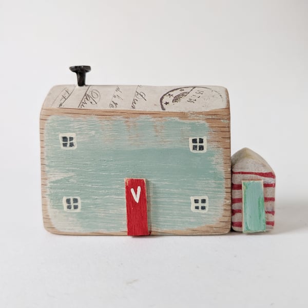Little Handmade Painted Wooden House with Teeny Side Shed