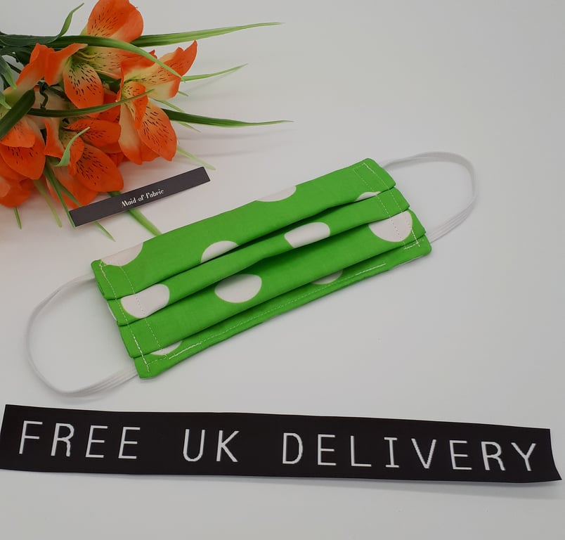 Face mask,  small, 3 layer,  machine washable in green giant polkadot 