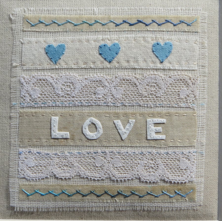 Hand-stitched Love sampler vintage fabrics heirloom gift for many occasions