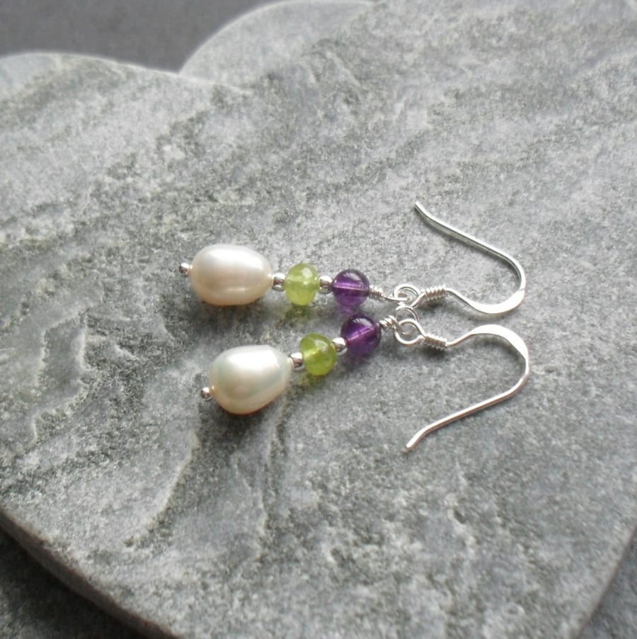 Freshwater Pearl Peridot and Amethyst Sterling Silver Drop Earrings