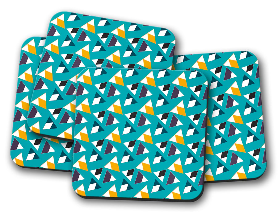 Set of 4 Turquoise Coasters with a Multicoloured Triangle Design, Drinks Mat