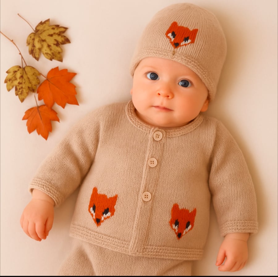Knitting Pattern for Baby Fox Cardigan and Hat 0-18 months, Digital PDF