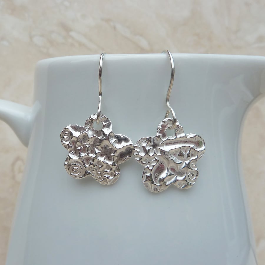 Fine Silver Patterned Flower Drop Earrings - E0099