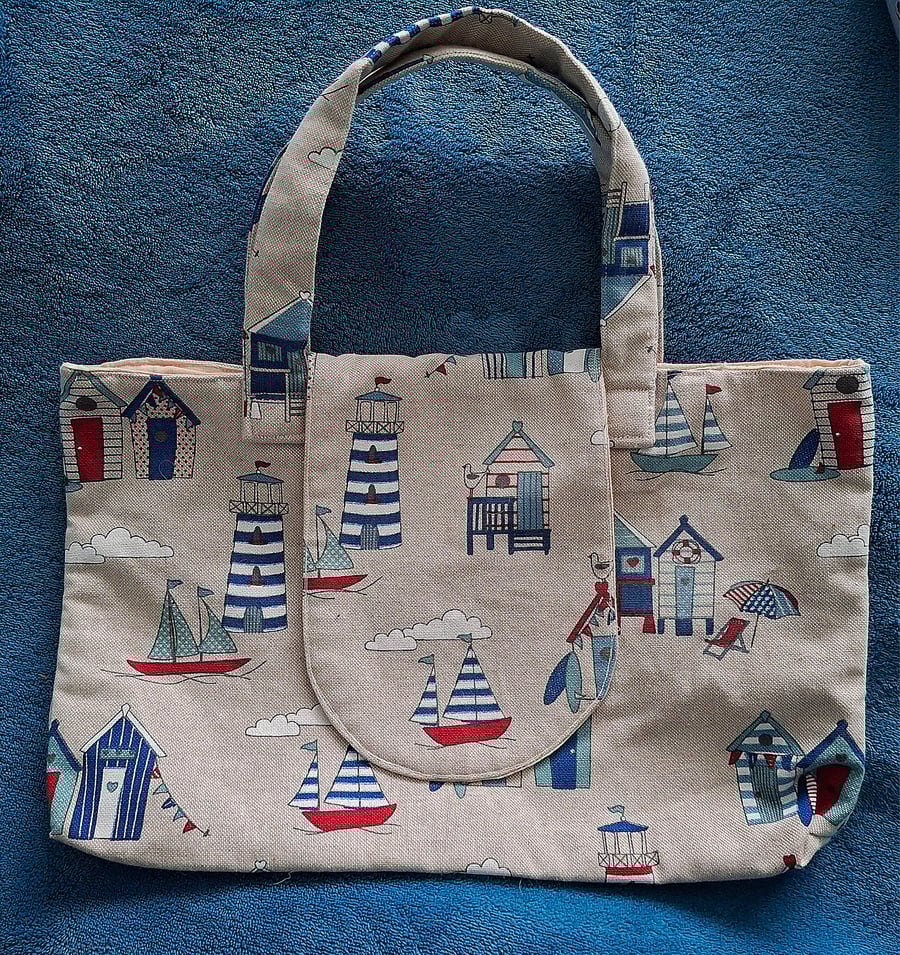 Handmade Cotton Bag with Front Fastening Flap in Coastal Design