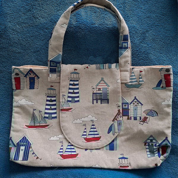 Handmade Cotton Bag with Front Fastening Flap in Coastal Design