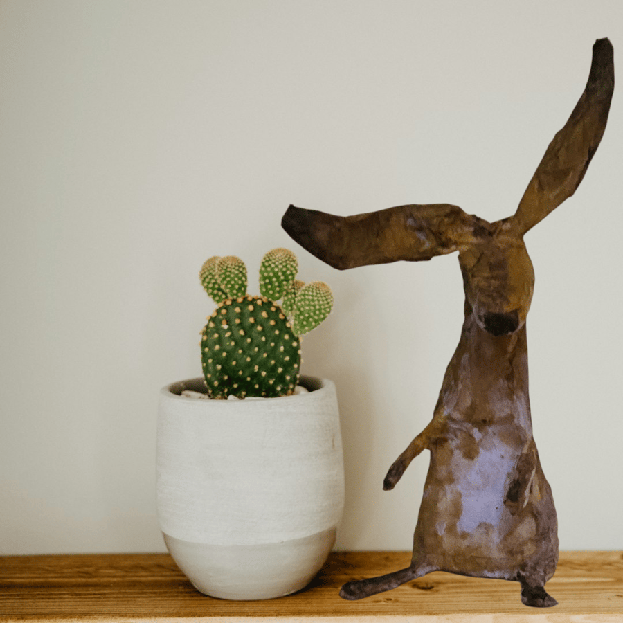 Handmade paper mache hare sculpture