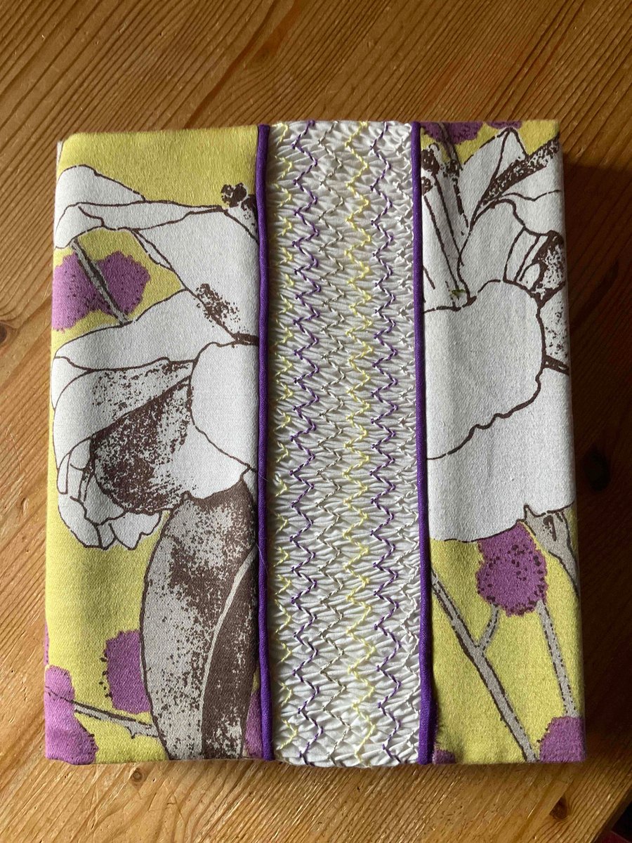 Smocked Slip Covered Sketchbook or Journal, Purple and Yellow Floral