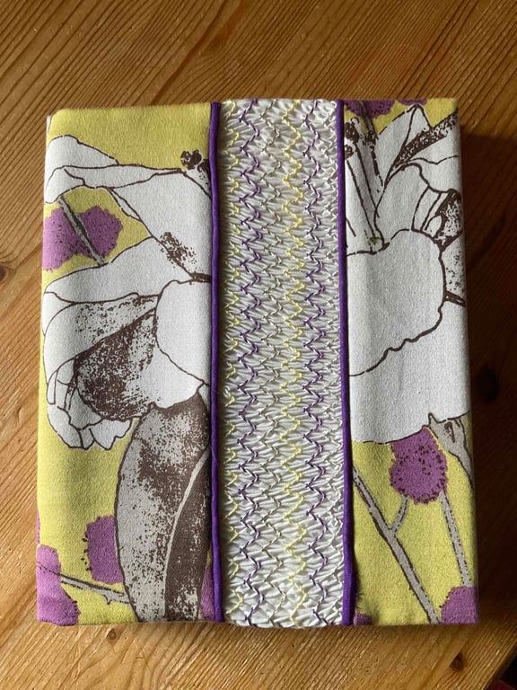 Smocked Slip Covered Sketchbook or Journal, Purple and Yellow Floral