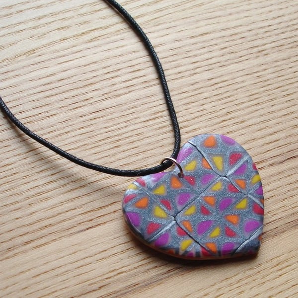 Funky Squares Heart FIMO Polymer Clay Pendant Necklace Jewellery