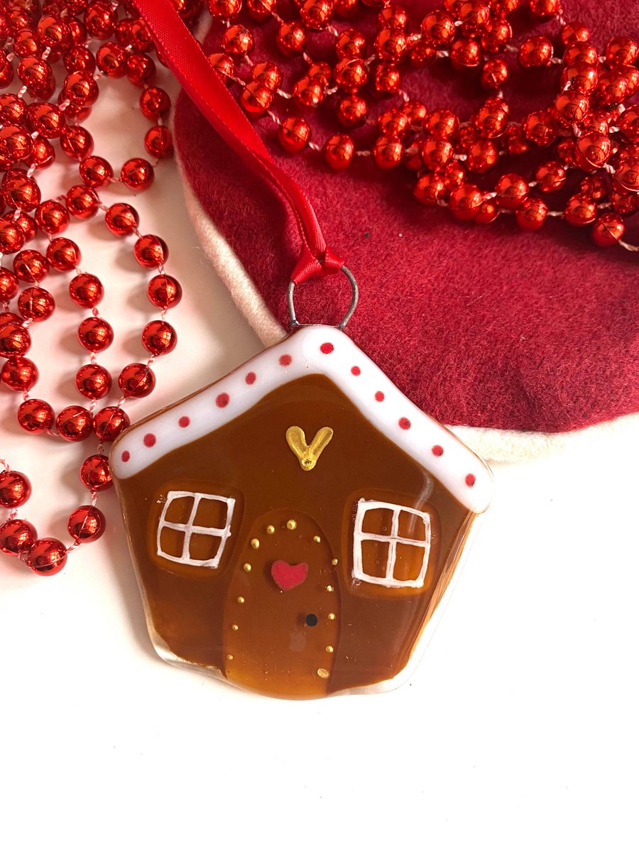 Fused Glass Gingerbread House Christmas Hanging Decoration