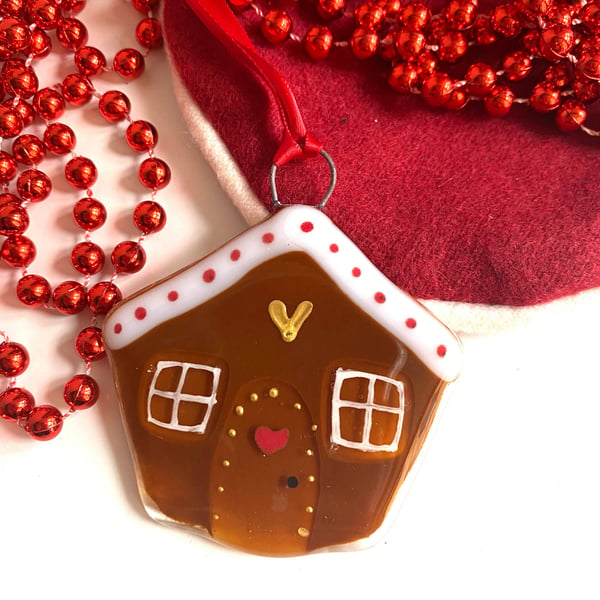 Fused Glass Gingerbread House Christmas Hanging Decoration