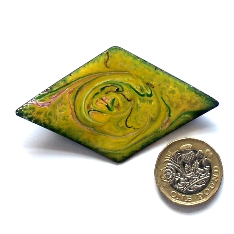 brooch - diamond shape scrolled pink, white and green over yellow