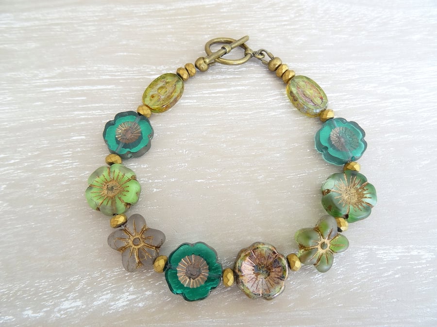 Flower Bracelet, Czech Glass Bracelet, Green Bracelet, Teal Bracelet.