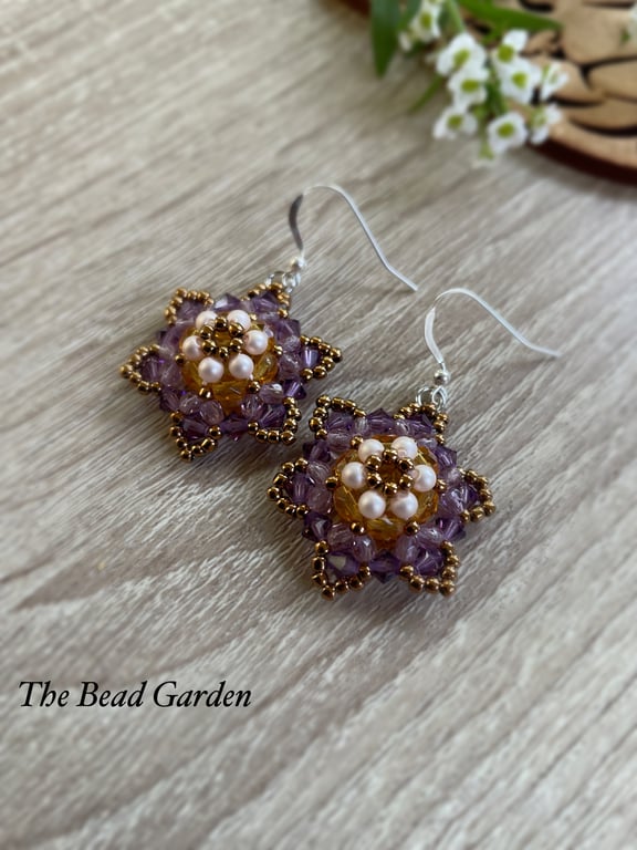 Beaded star flower earrings with sterling silver ear hooks 