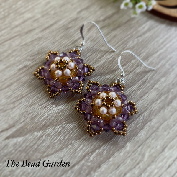 Beaded star flower earrings with sterling silver ear hooks 