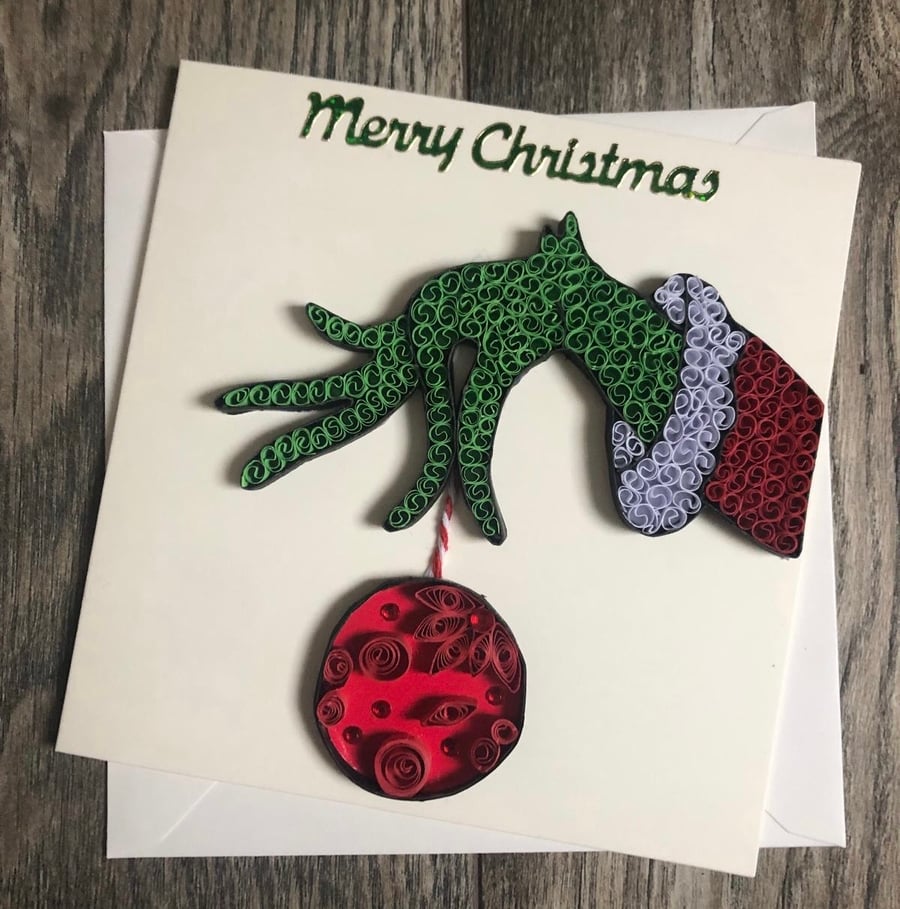 Stunning handmade quilled Grinch Bauble card