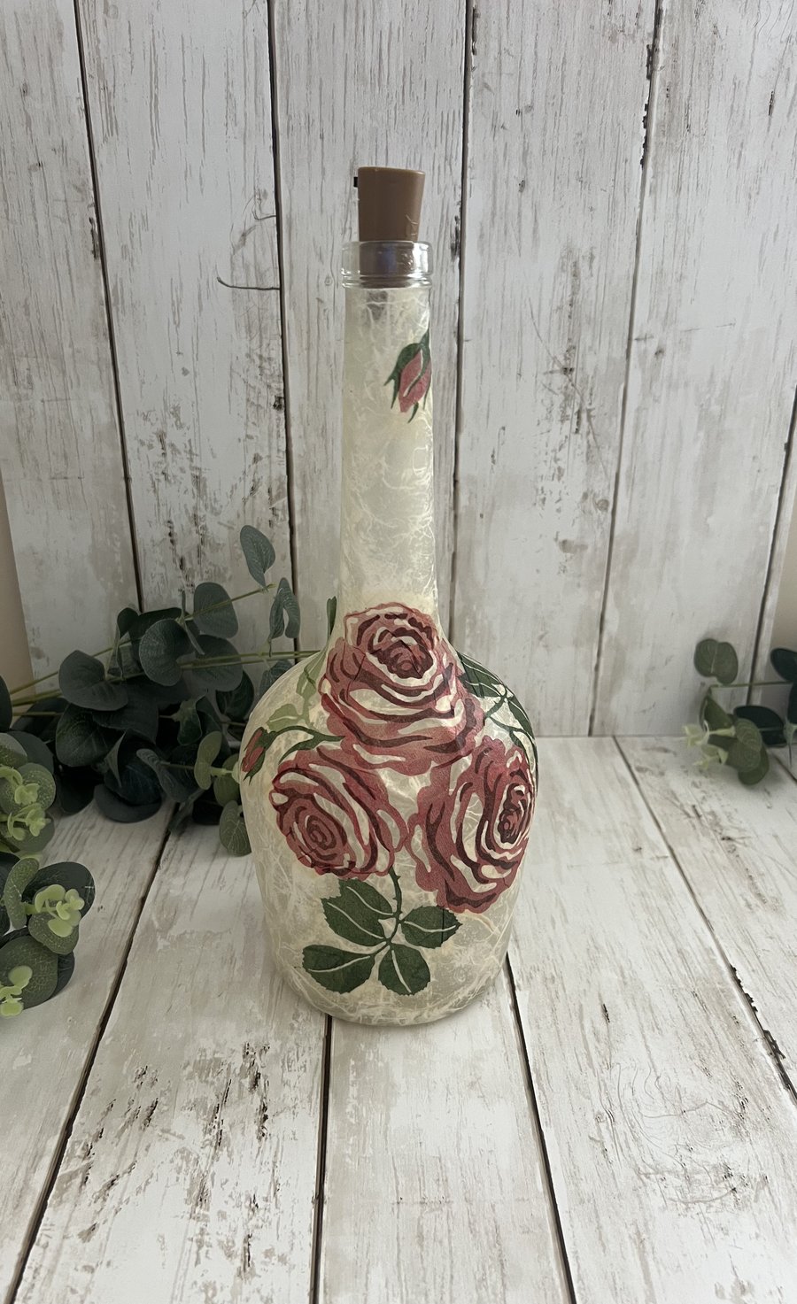 Decoupage Glass Bottle Light: Emma Bridgewater Inspired Roses. Upcycled