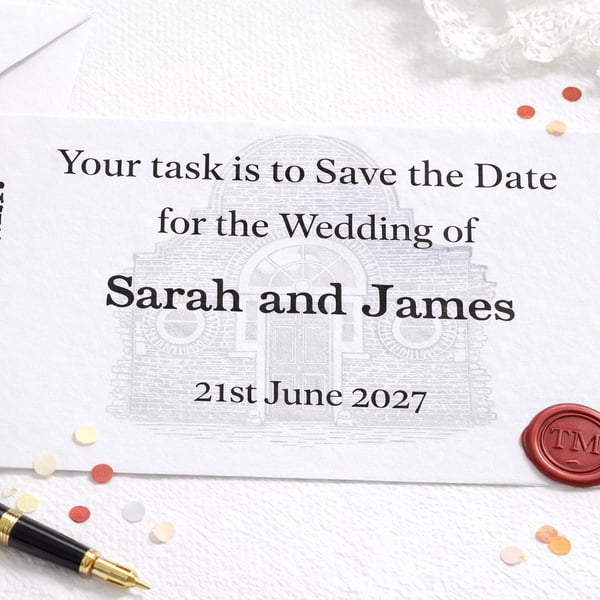 Premium Taskmaster Save the Date Cards with Wax Sealed Handmade Envelope